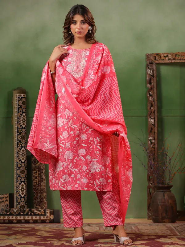 Light pink silk printed kurti set for women