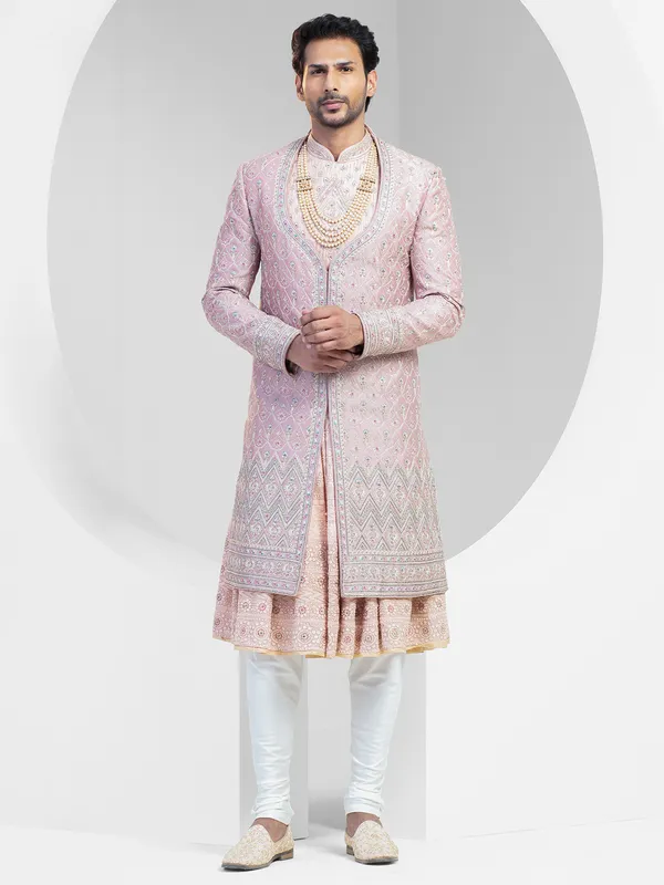 Light pink silk sherwani for groom