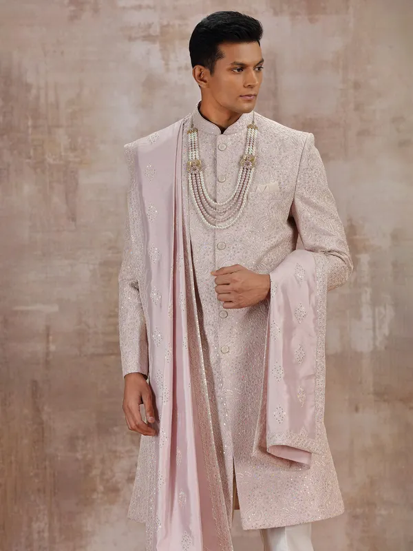 Light pink silk sherwani with dupatta for wedding
