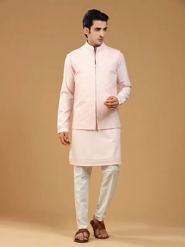 Light pink silk textured waistcoat set