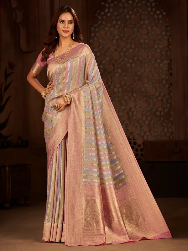 Light Onion Pink stripe georgette saree