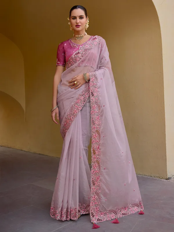 Light pink tissue organza silk saree