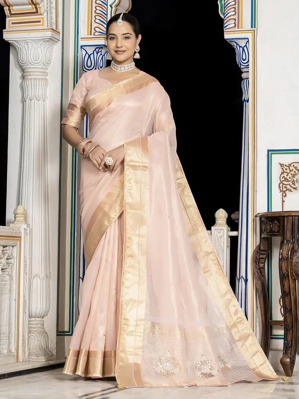 Light pink tissue silk saree with gota detailing