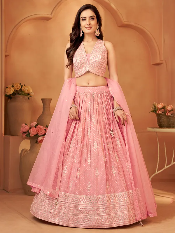 Light pink zari worked silk lehenga choli