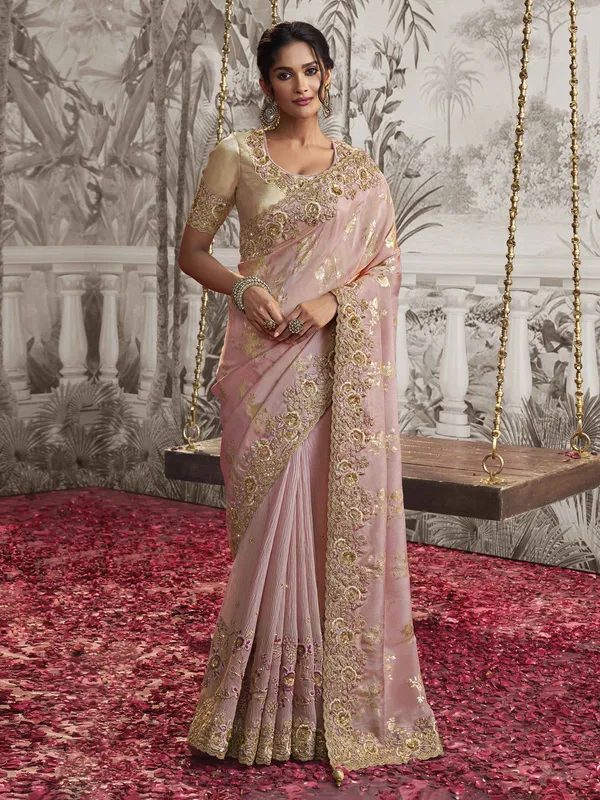 Light pink zari worked silk saree