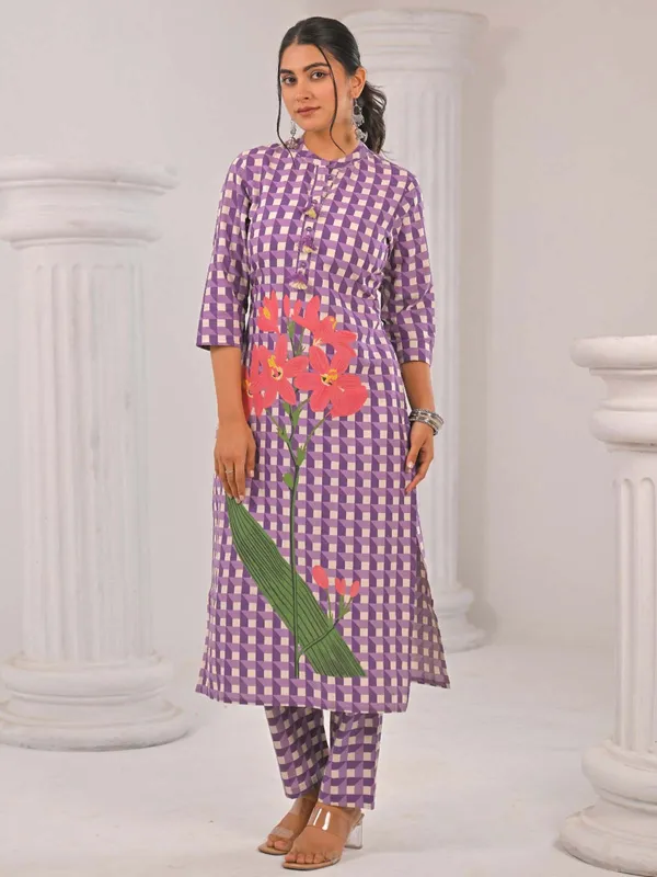 Light purple cotton silk kurti set for women