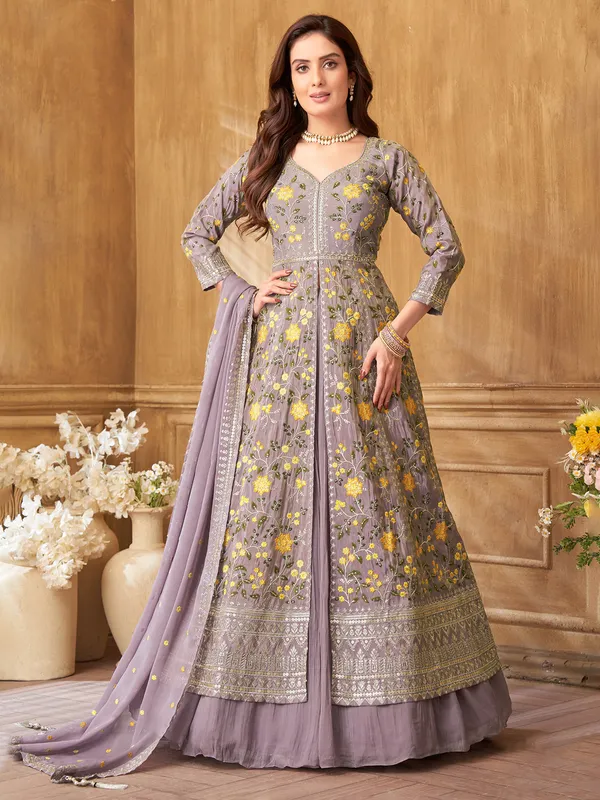 Light purple embroidered silk lehenga suit