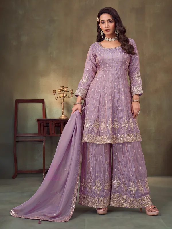 Light purple pakistani style palazzo suit in silk