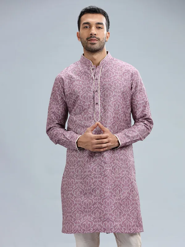 Light purple printed silk kurta pajama for men