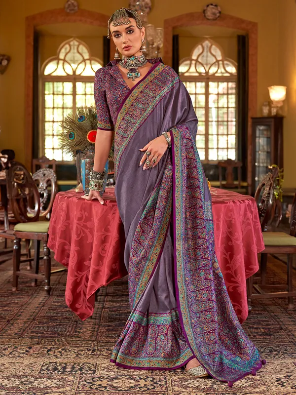 Light purple printed silk saree
