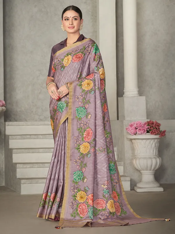 Light purple tussur silk printed saree