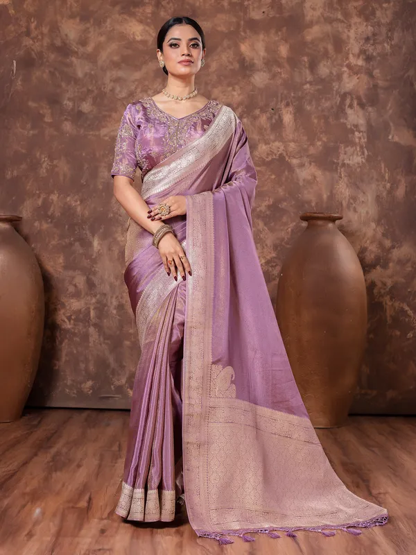 Light purple zari weaving saree tissue silk