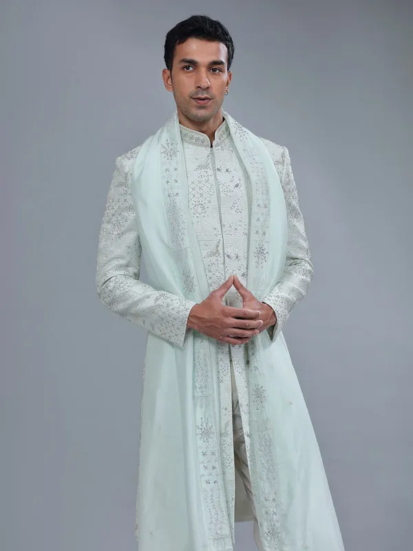 Light sea green raw silk wedding groom sherwani