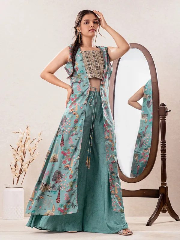 Light teal green jacket style salwar suit with palazzo