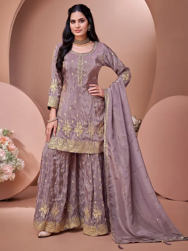 Light wine wedding wear palazzo suit in silk