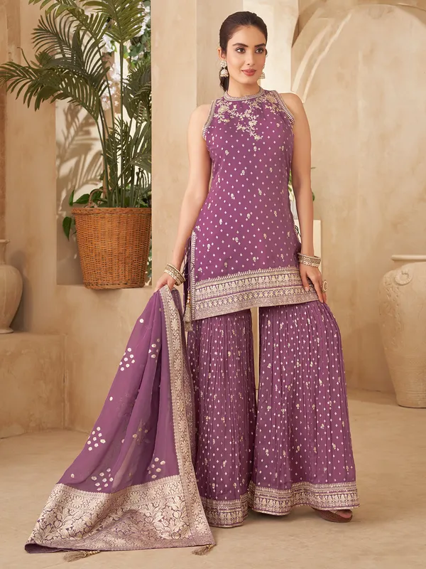 Light wine zari worked sharara suit