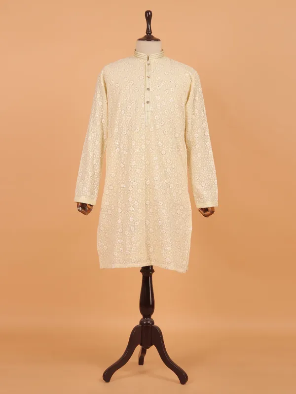 Light yellow embroided cotton kurta set for men