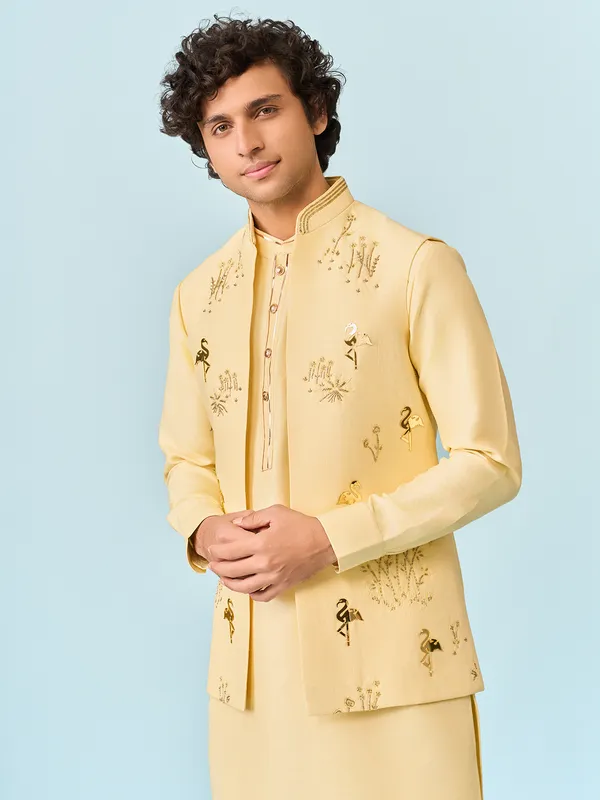 Light yellow flamingo applique foil worked waistcoat set