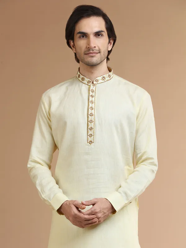 Light yellow linen plain  Men Kurta pajama