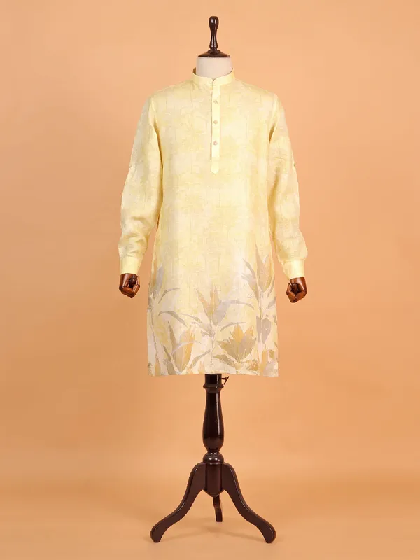 Light yellow printed cotton kurta suit for men