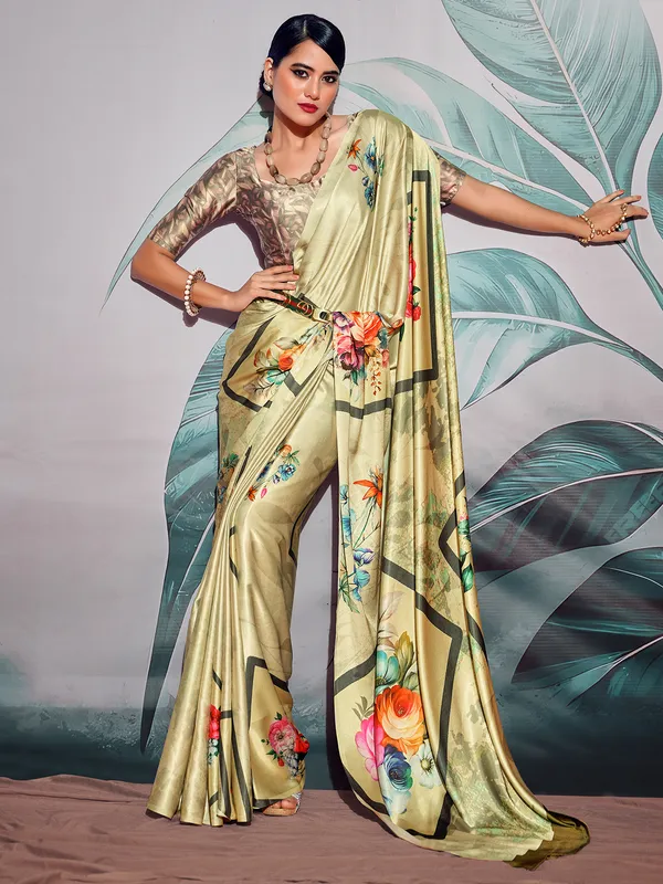 Light yellow satin crepe digital printed saree