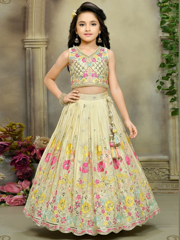 Light yellow silk lehenga choli for haldi