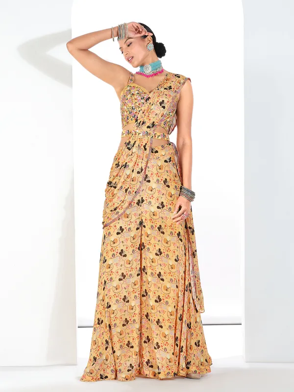 Light yellow silk printed palazzo suit