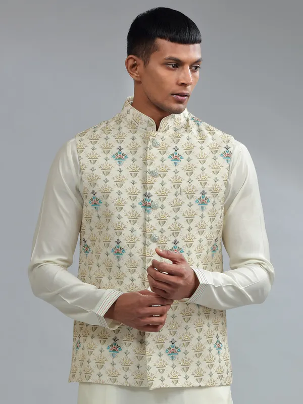Light yellow silk printed waistcoat set