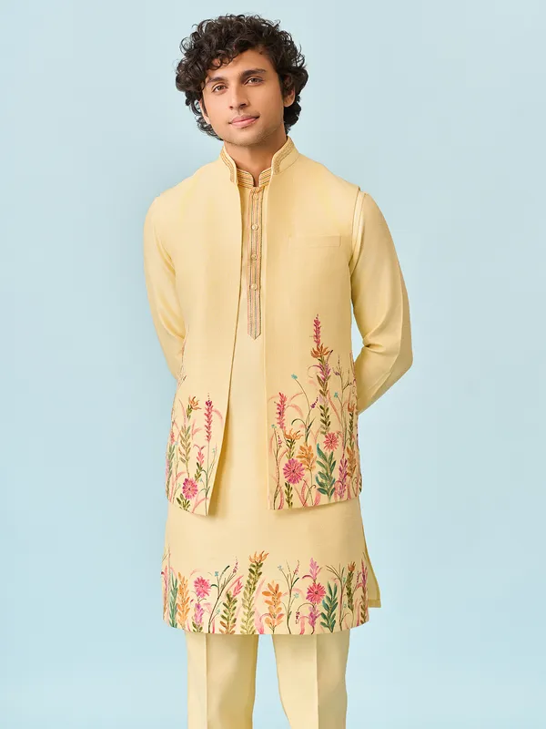 Light yellow zari printed mens waistcoat set