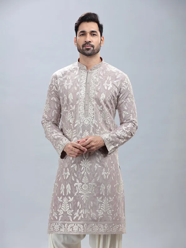Lilac cotton silk kurta set with matching patiyala