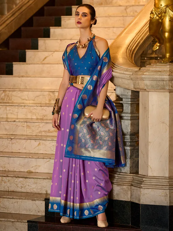 Lilac purple banarasi silk saree with zari weaving