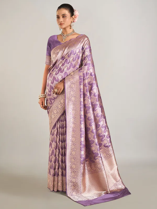 Lilac purple banarasi silk wedding wear saree