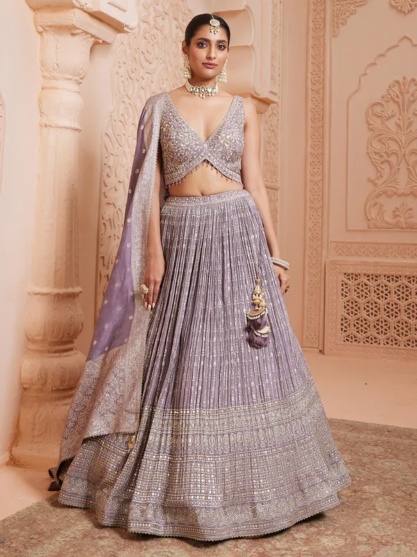 Lilac purple chinnon wedding wear lehenga choli