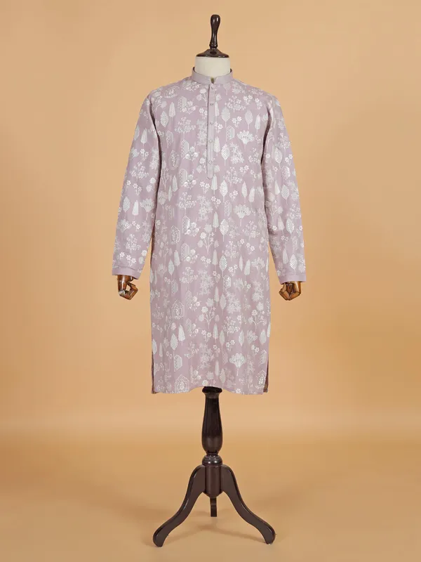 Lilac purple cotton embroidery kurta suit for men