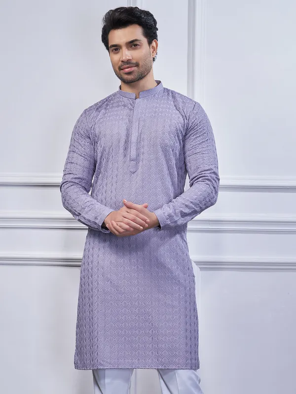 Lilac purple cotton festival wear kurta suit