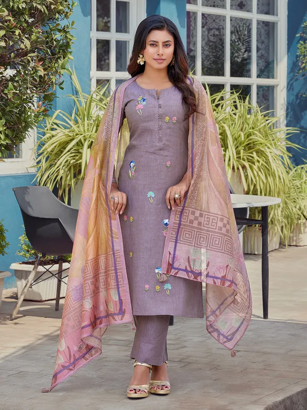 Lilac purple cotton thread work salwar suit