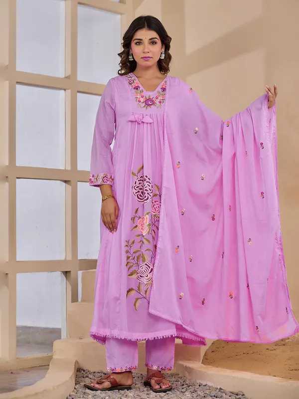 Lilac purple embroidered kurti set