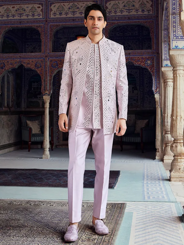 Pink fabulous raw silk indo western for men