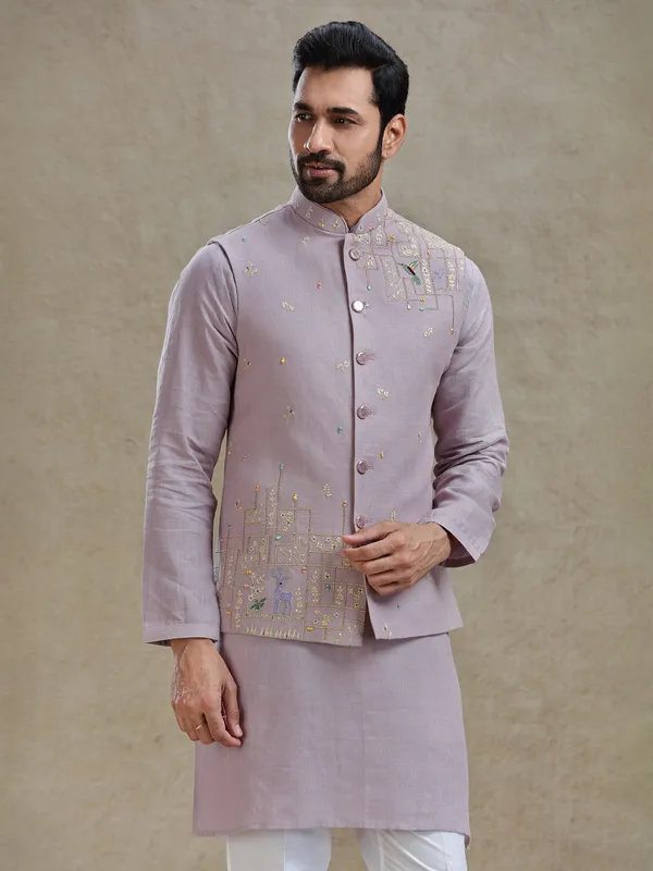 Lilac purple linen kurta jacket set in mirror work