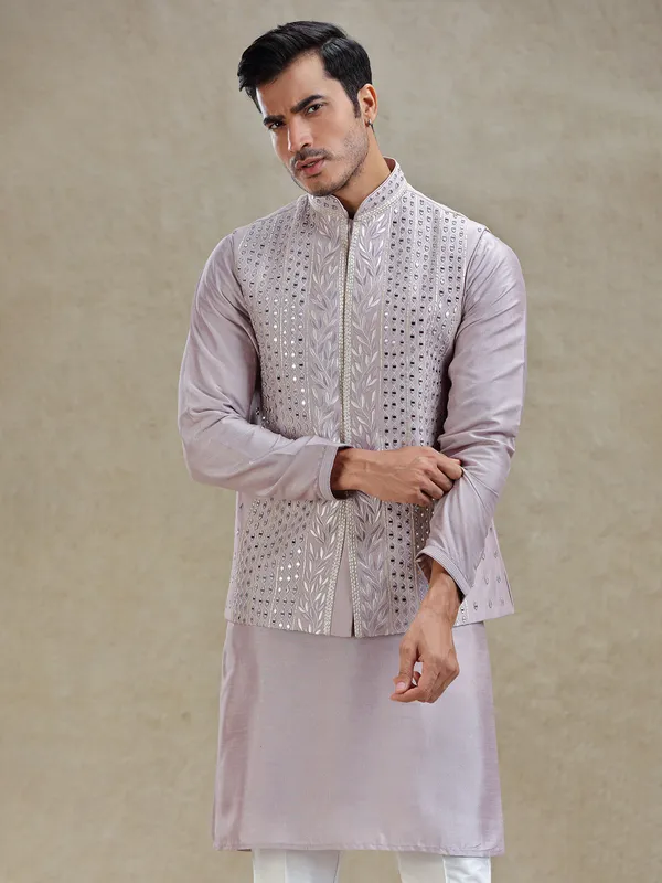 Lilac purple linen waistcoat set in mirror work