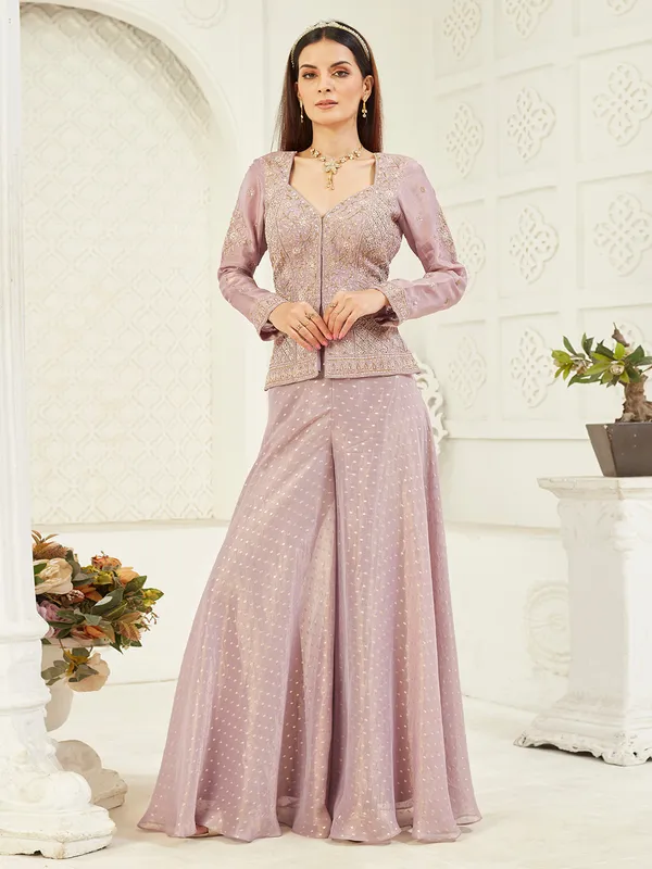 Lilac purple organza palazzo suit with aabla and thread