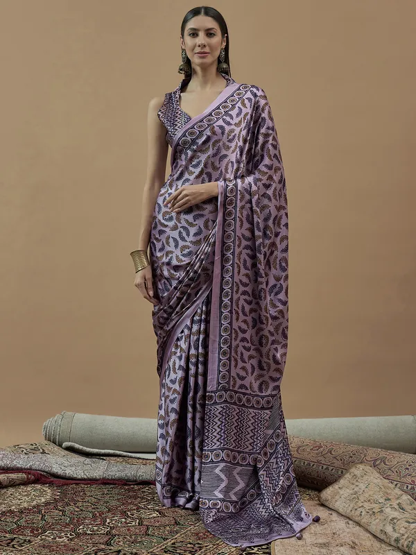 Lilac purple printed japan satin saree for festival