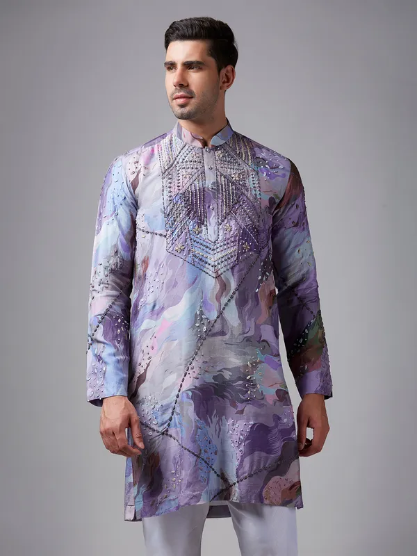 Lilac purple printed silk kurta suit for festive