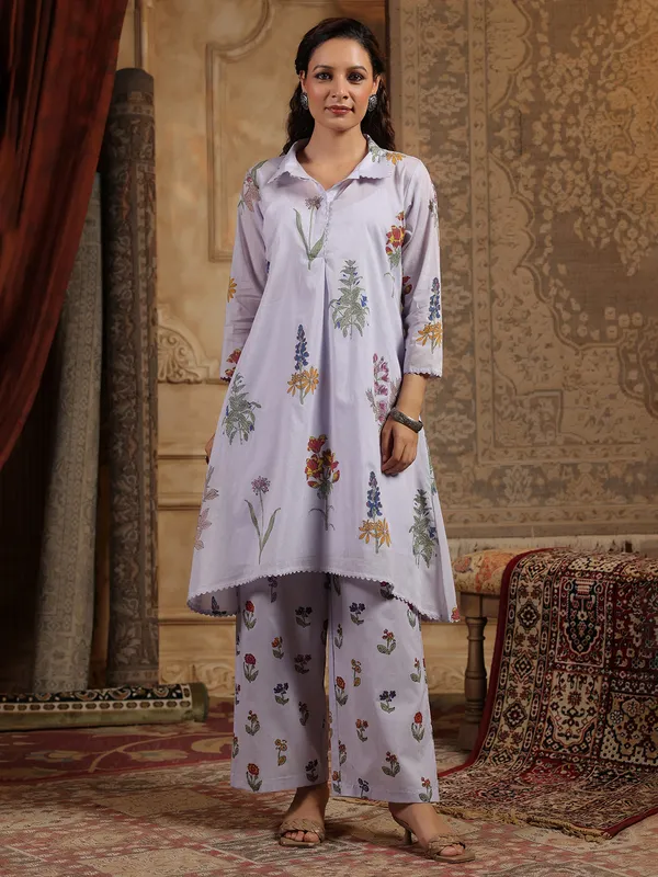 Lilac purple printed silk kurti set for women
