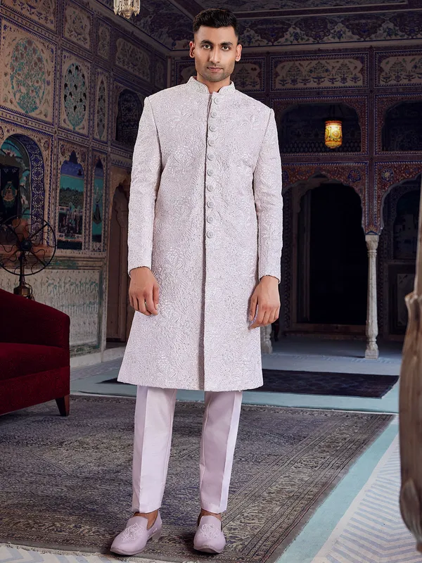 Lilac purple royal raw silk indo western for men