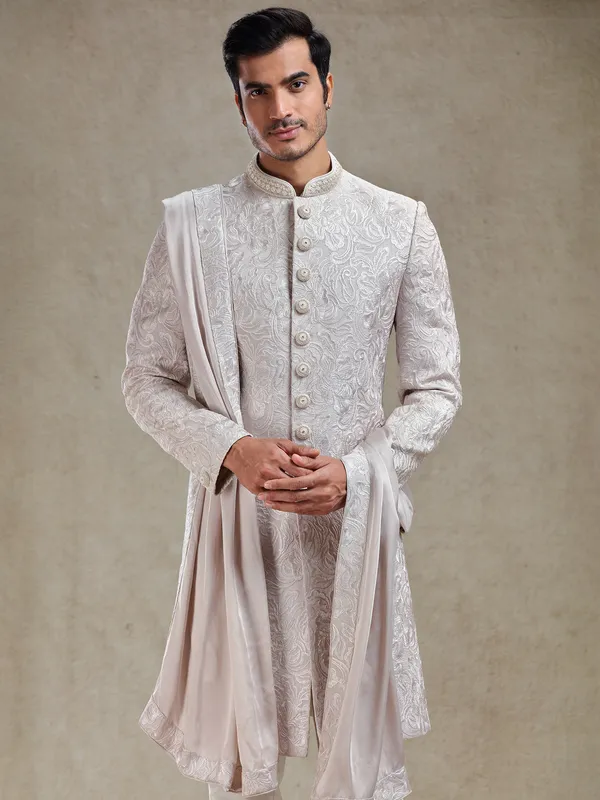 Lilac purple sherwani in rich embroidery