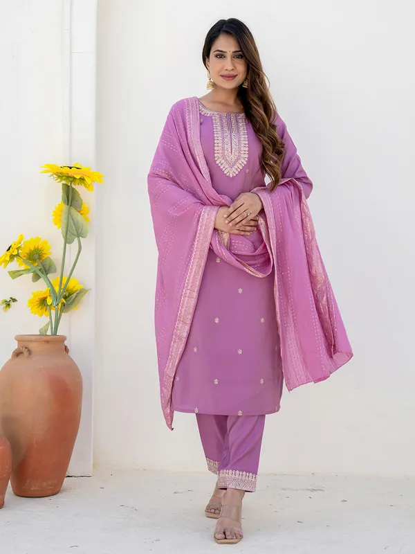 Lilac purple silk kurti set with embroidery work
