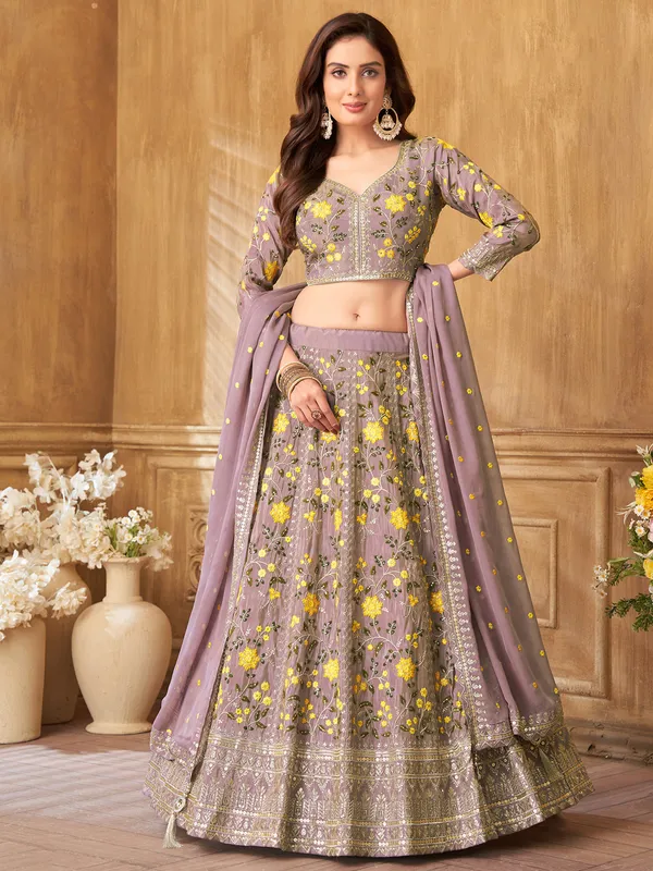 Lilac purple silk lehenga choli in embroidery