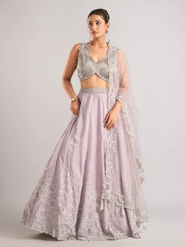 Lilac purple silk lehenga choli with cutdana and dupatta