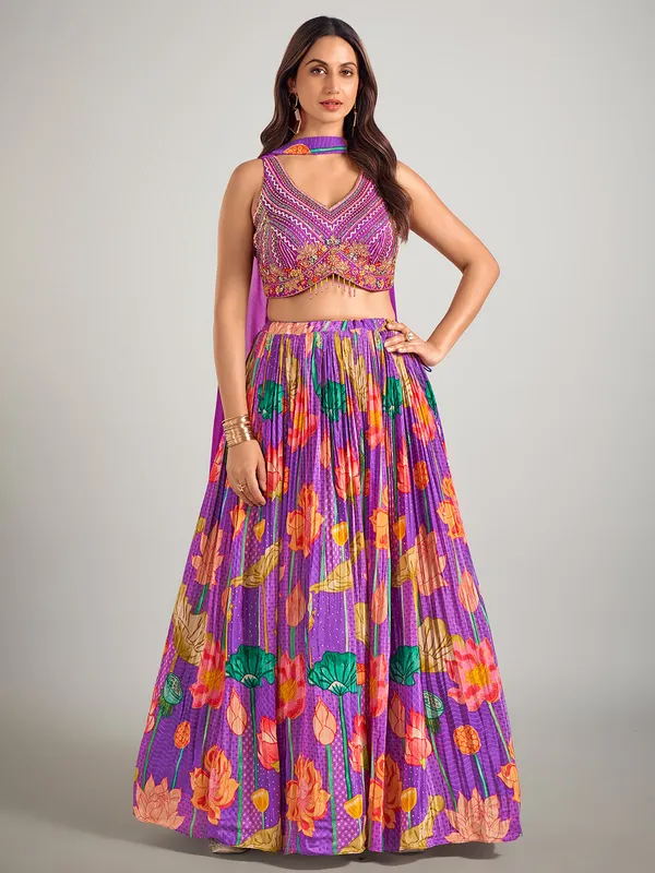 Lilac purple silk printed wedding lehenga choli